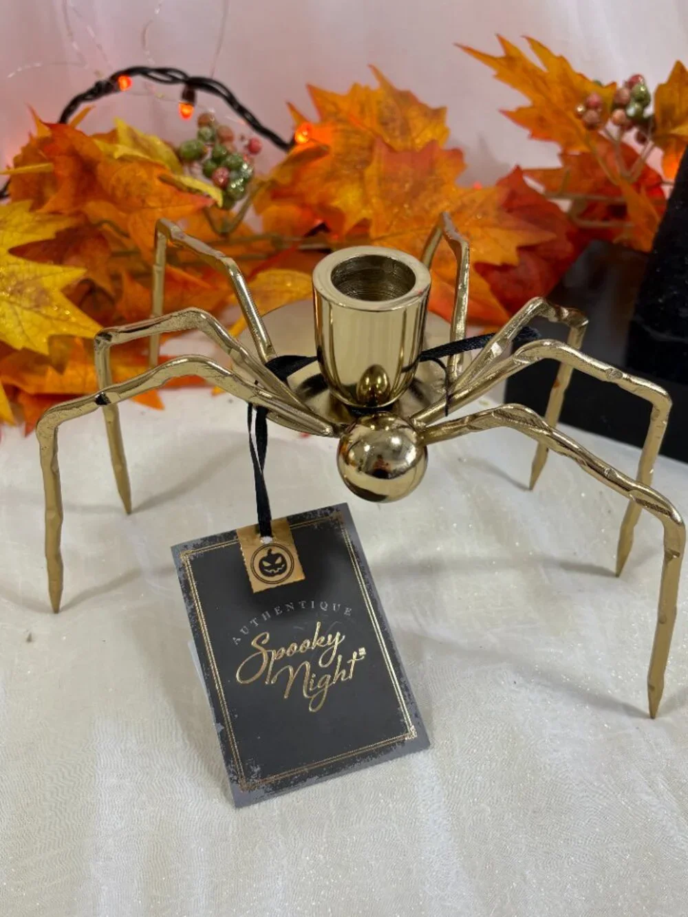 Spooky Nights Gold Metal LG Halloween Creepy Spider Taper Holder Set of 2 New